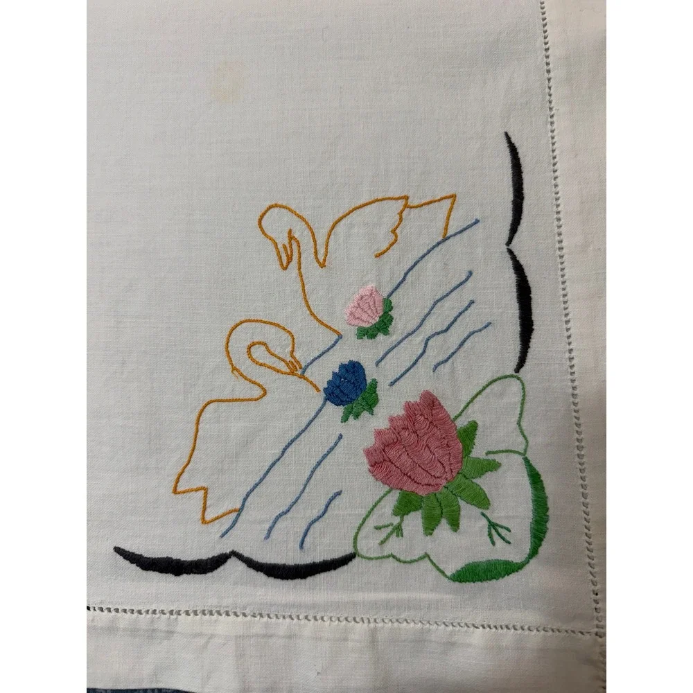 Vintage Hand Embroidered Swan Linen Tablecloth Topper 41x38.5 Cottagecore